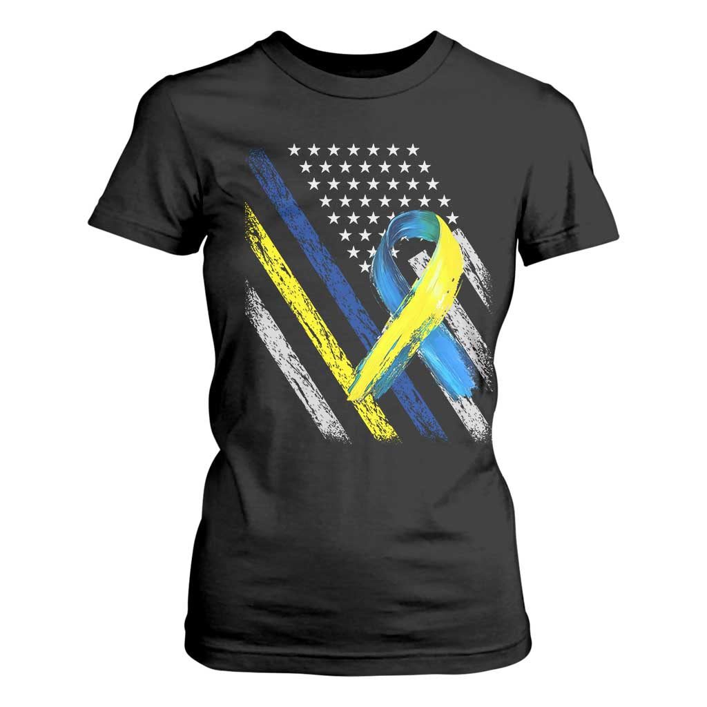 World Down Syndrome Day T Shirt For Women Blue Yellow Ribbon American Flag T21 321