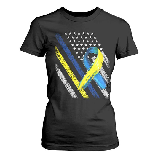 World Down Syndrome Day T Shirt For Women Blue Yellow Ribbon American Flag T21 321