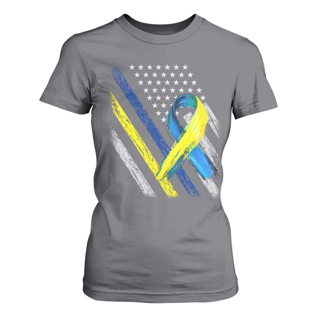 World Down Syndrome Day T Shirt For Women Blue Yellow Ribbon American Flag T21 321
