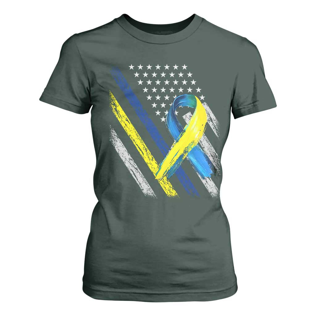 World Down Syndrome Day T Shirt For Women Blue Yellow Ribbon American Flag T21 321