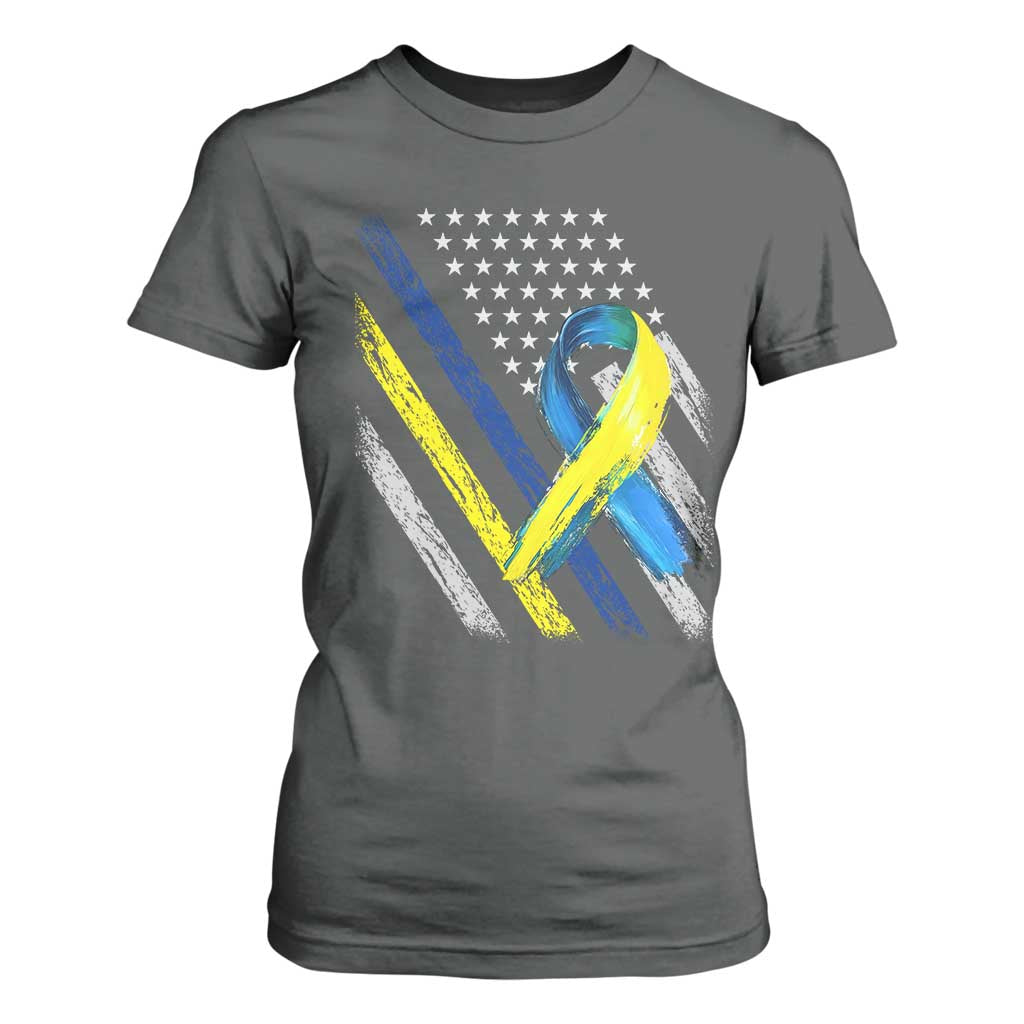 World Down Syndrome Day T Shirt For Women Blue Yellow Ribbon American Flag T21 321