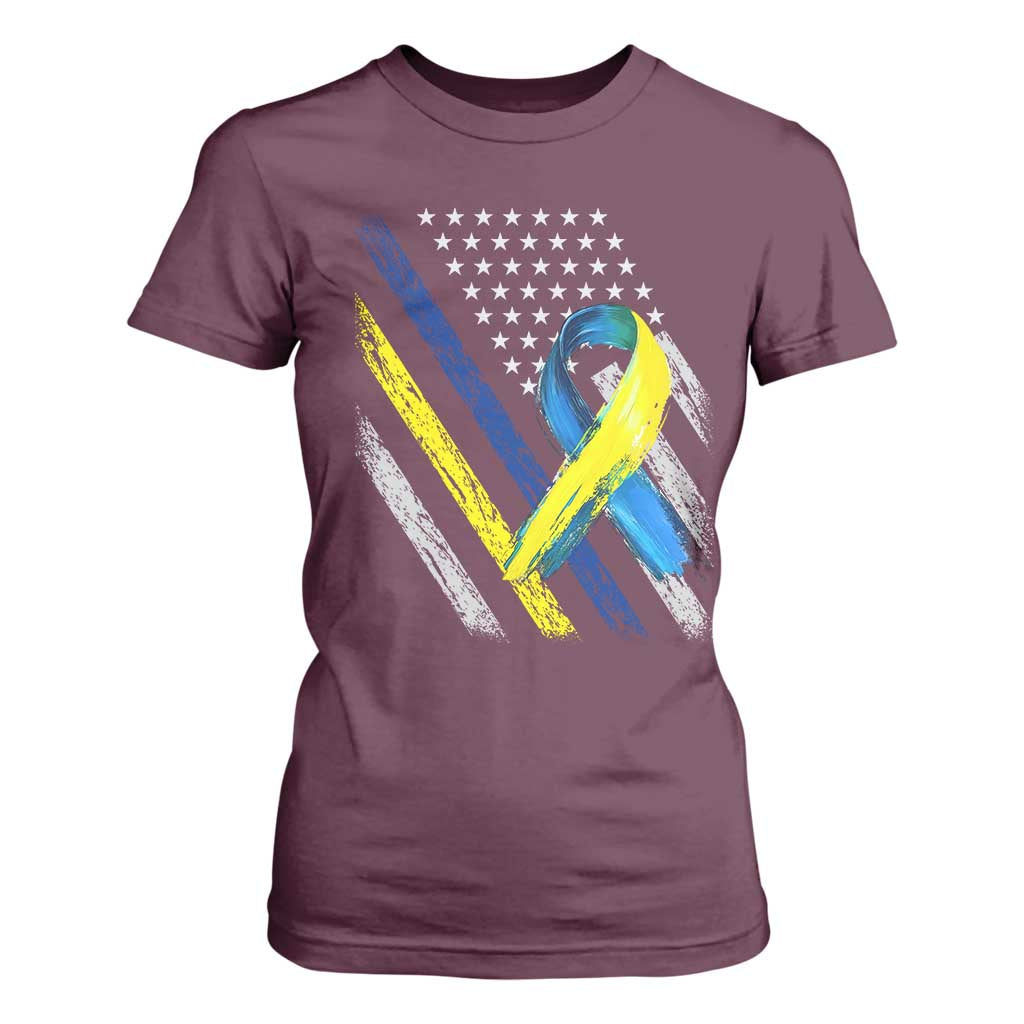 World Down Syndrome Day T Shirt For Women Blue Yellow Ribbon American Flag T21 321