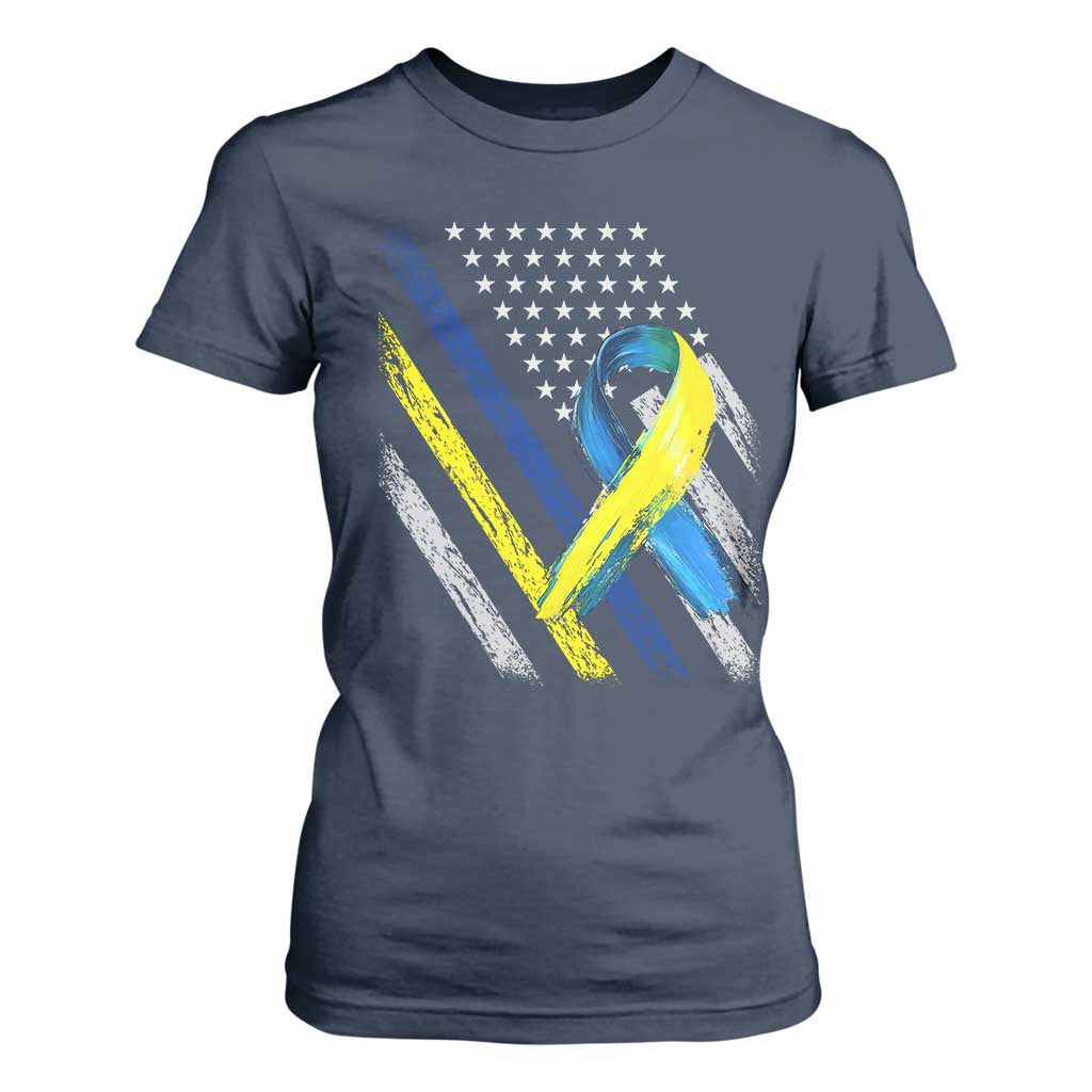 World Down Syndrome Day T Shirt For Women Blue Yellow Ribbon American Flag T21 321