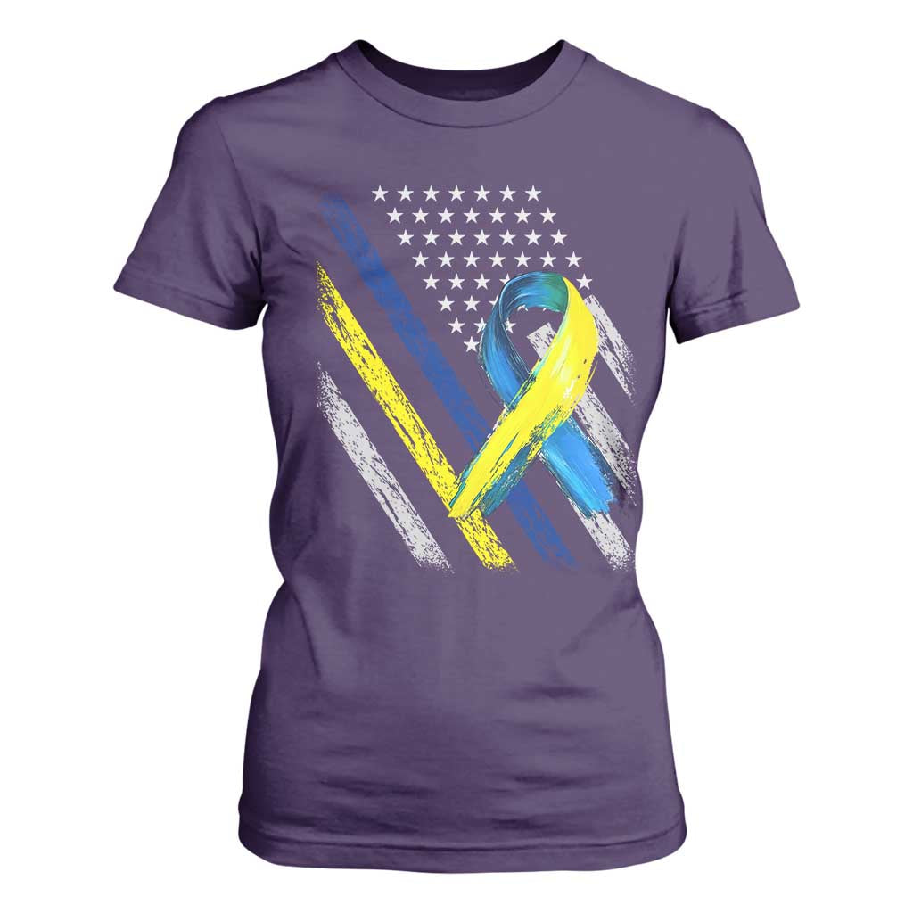 World Down Syndrome Day T Shirt For Women Blue Yellow Ribbon American Flag T21 321