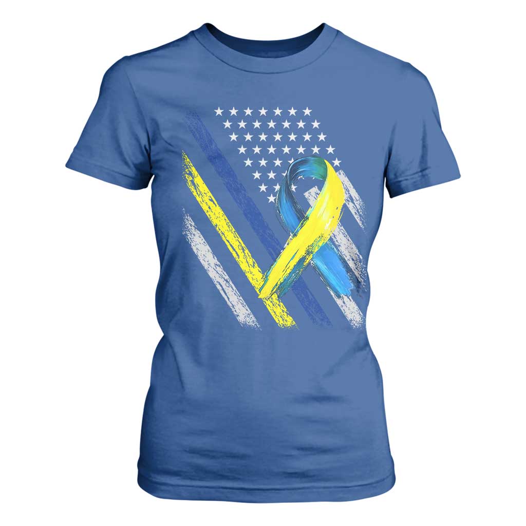 World Down Syndrome Day T Shirt For Women Blue Yellow Ribbon American Flag T21 321