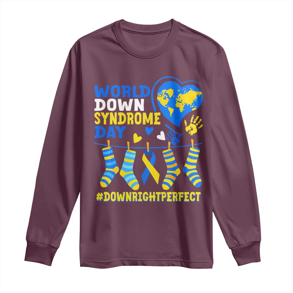 World Down Syndrome Day Long Sleeve Shirt Blue Yellow Ribbon Down Right Perfect Support