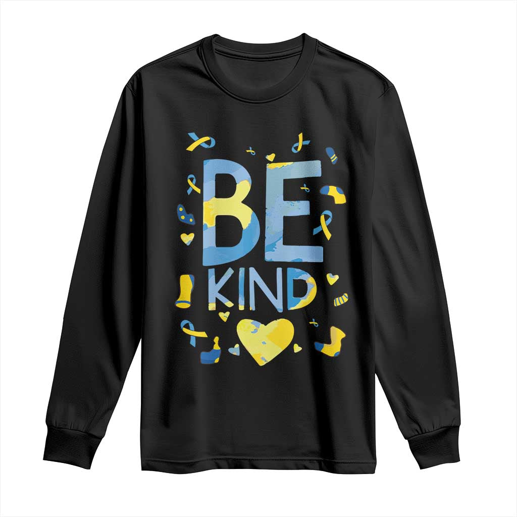 World Down Syndrome Day Long Sleeve Shirt Support Blue Yellow Ribbon Be Nice Kind