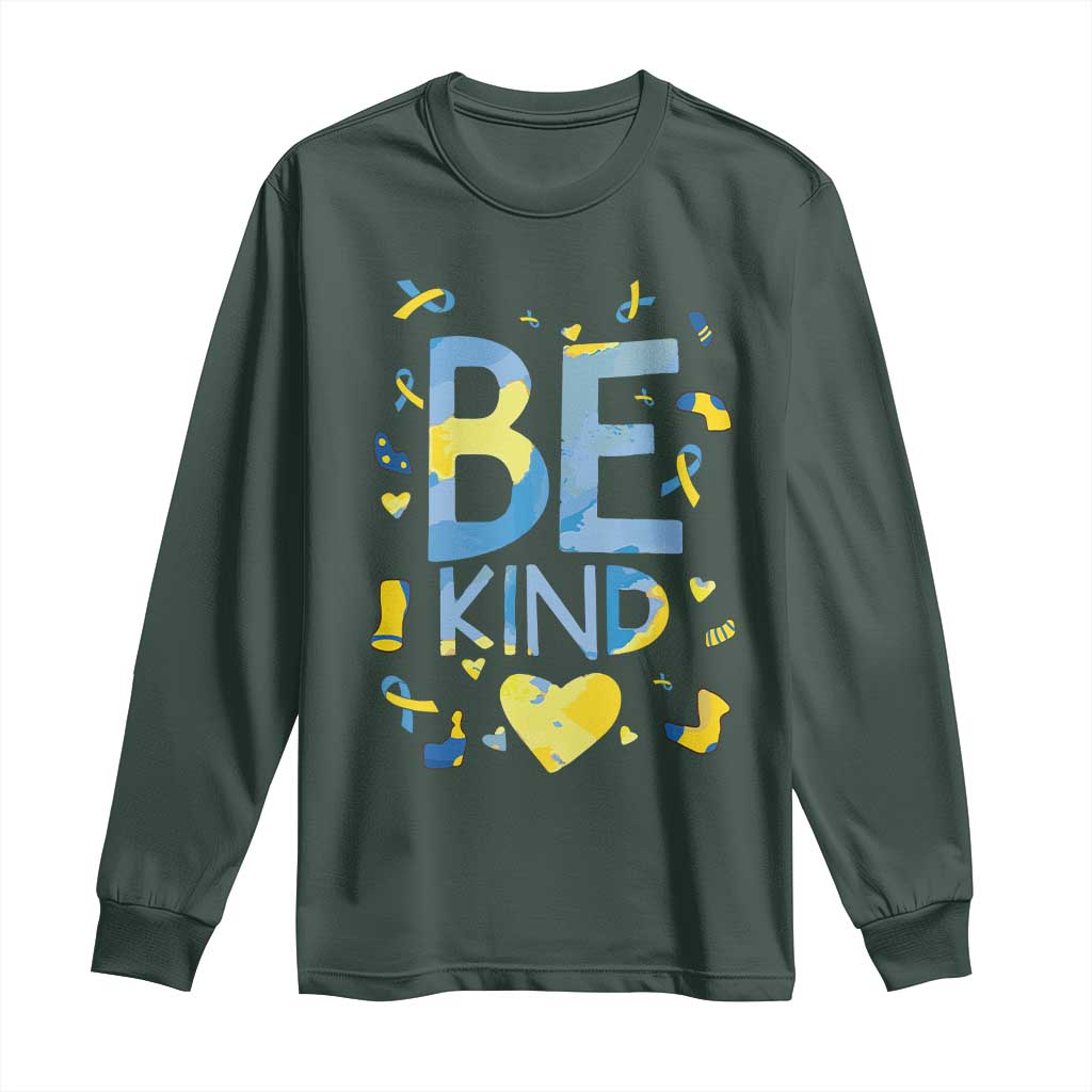 World Down Syndrome Day Long Sleeve Shirt Support Blue Yellow Ribbon Be Nice Kind