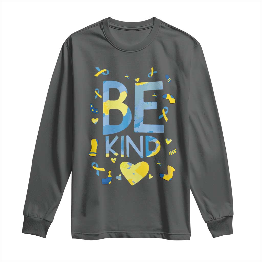 World Down Syndrome Day Long Sleeve Shirt Support Blue Yellow Ribbon Be Nice Kind