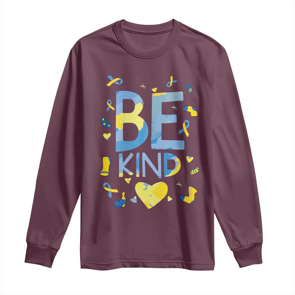 World Down Syndrome Day Long Sleeve Shirt Support Blue Yellow Ribbon Be Nice Kind