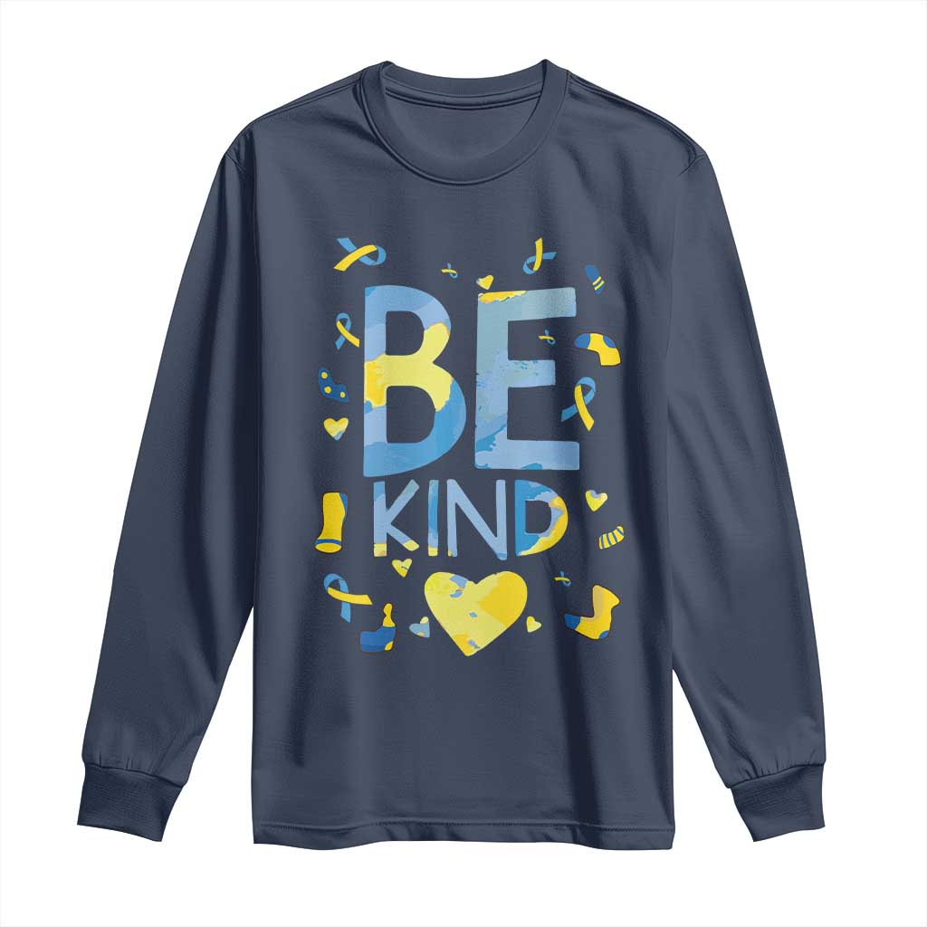 World Down Syndrome Day Long Sleeve Shirt Support Blue Yellow Ribbon Be Nice Kind