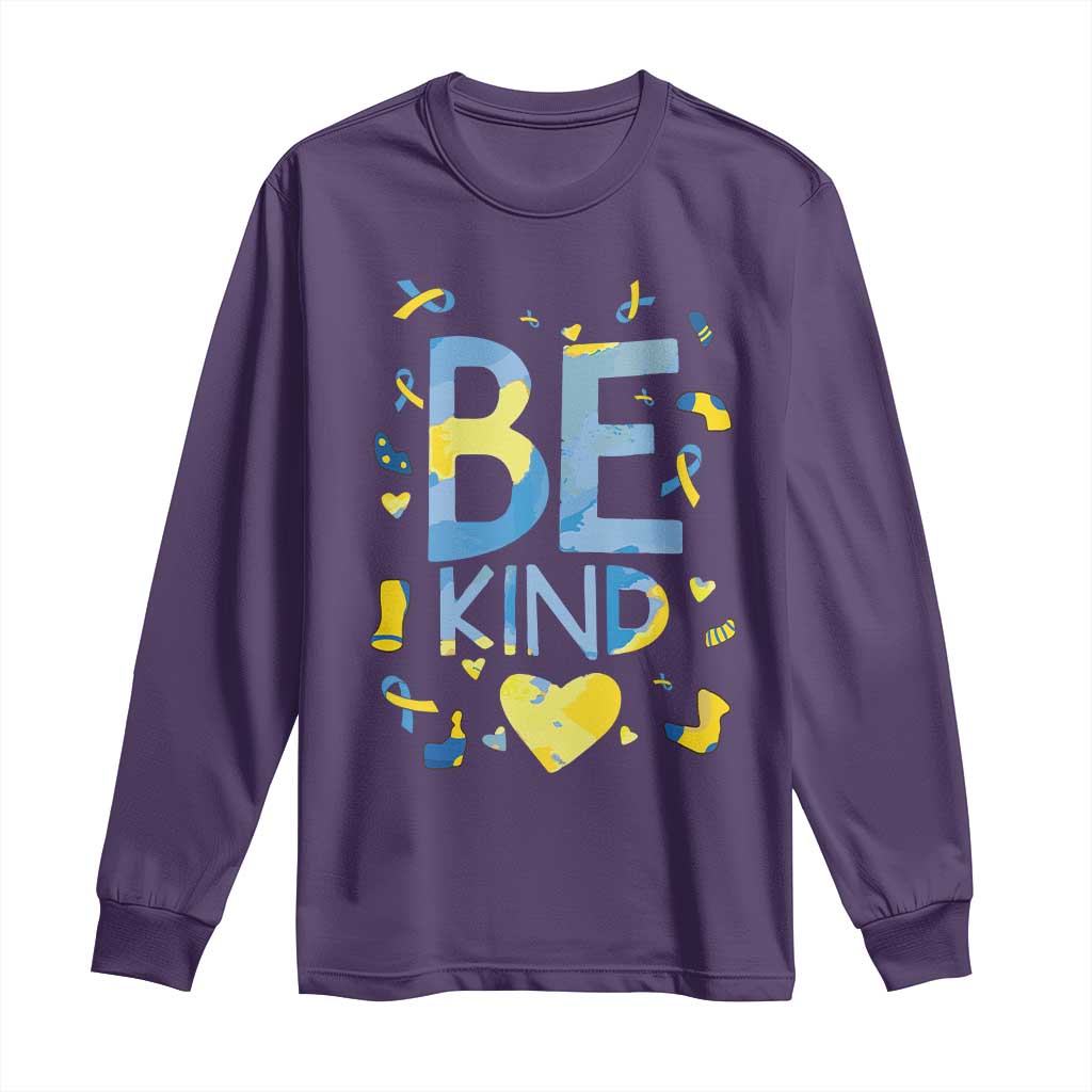World Down Syndrome Day Long Sleeve Shirt Support Blue Yellow Ribbon Be Nice Kind