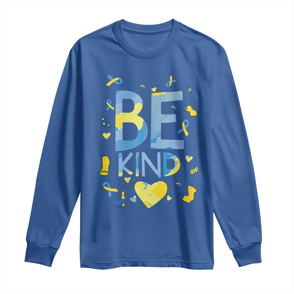 World Down Syndrome Day Long Sleeve Shirt Support Blue Yellow Ribbon Be Nice Kind