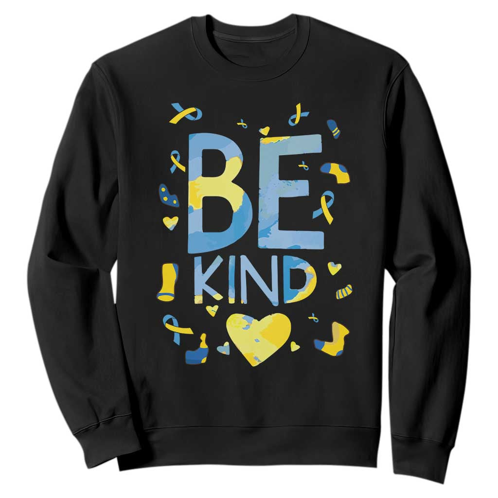 World Down Syndrome Day Sweatshirt Support Blue Yellow Ribbon Be Nice Kind