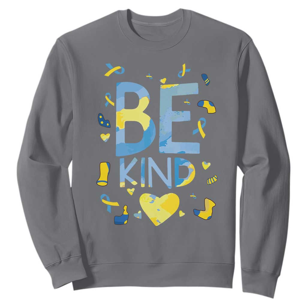 World Down Syndrome Day Sweatshirt Support Blue Yellow Ribbon Be Nice Kind