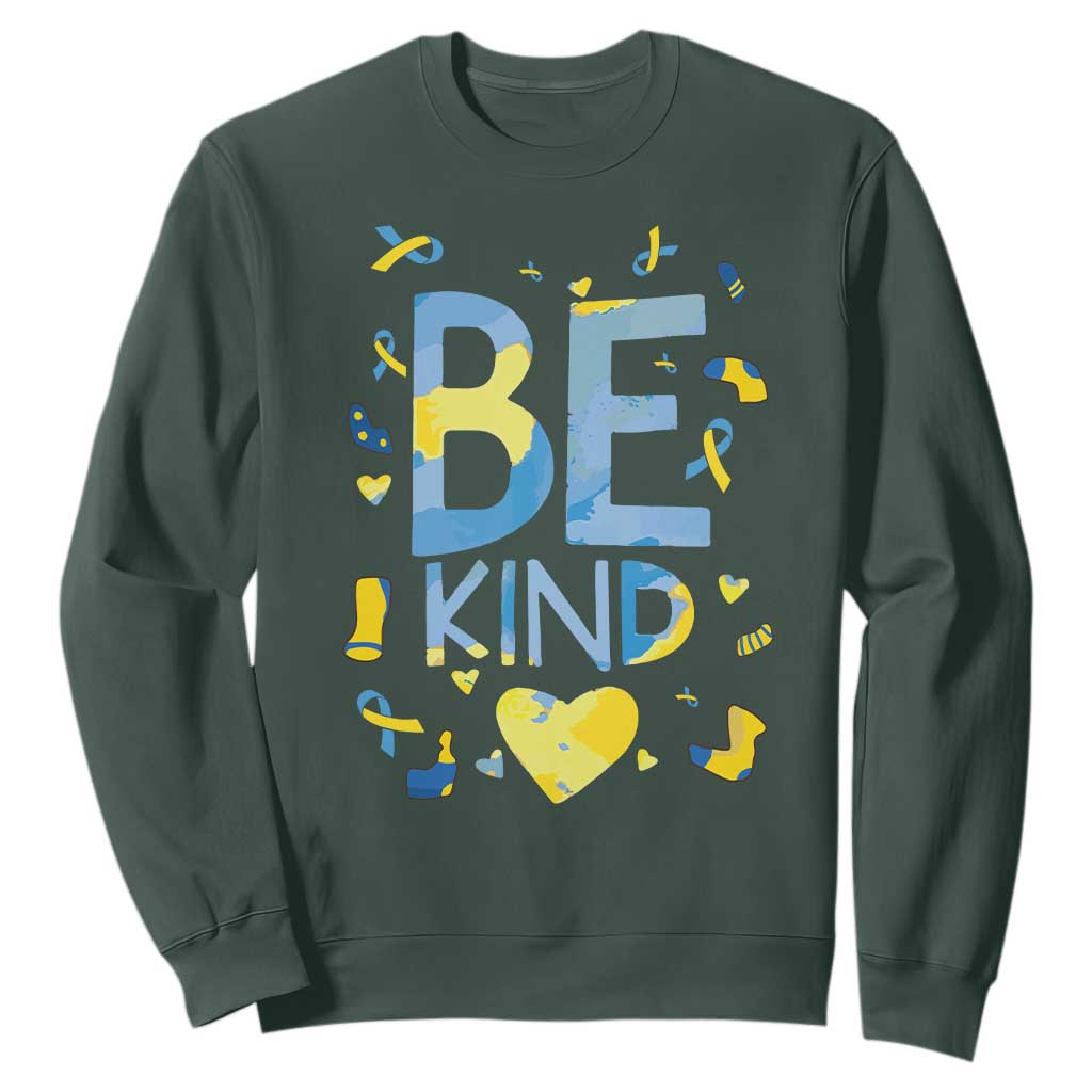 World Down Syndrome Day Sweatshirt Support Blue Yellow Ribbon Be Nice Kind