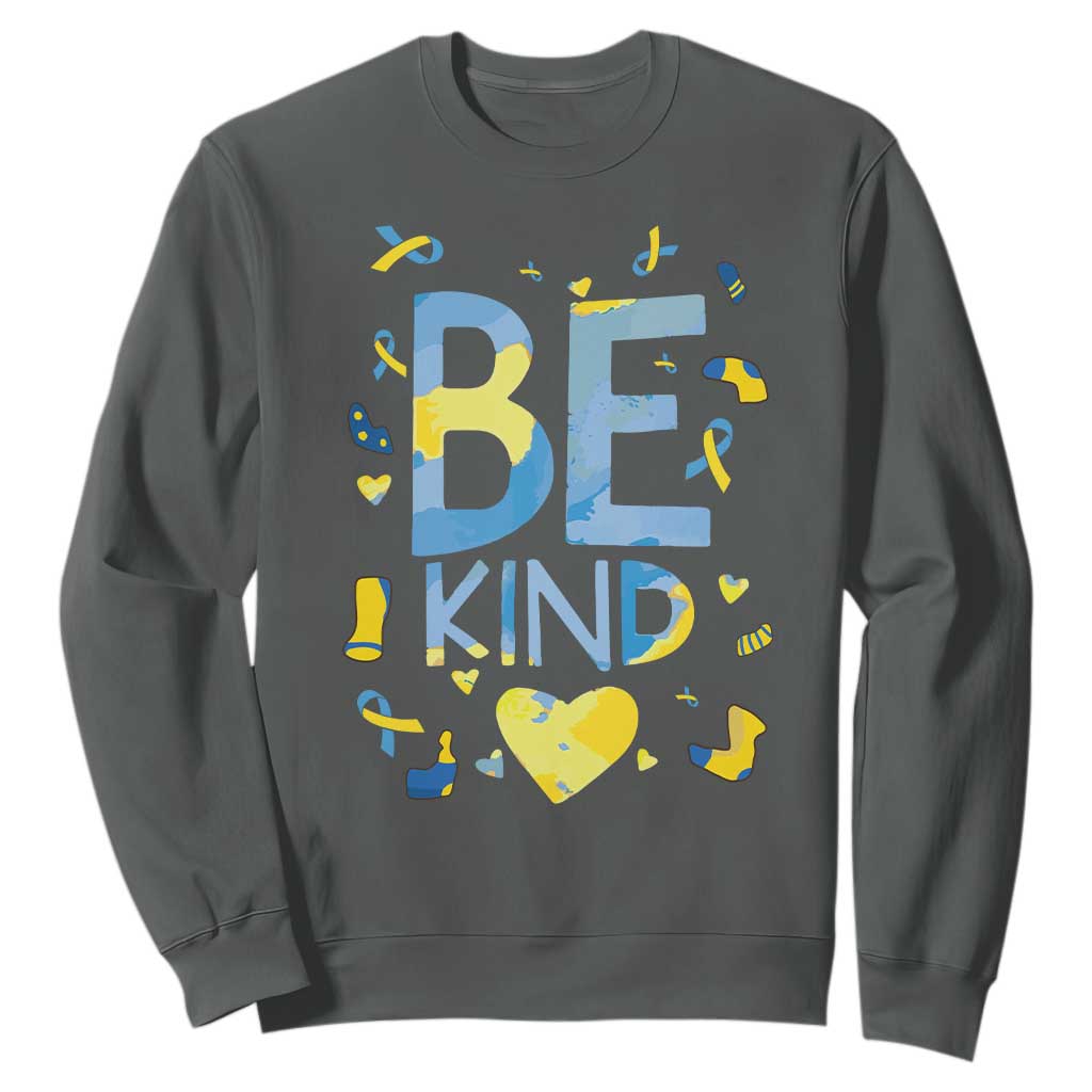 World Down Syndrome Day Sweatshirt Support Blue Yellow Ribbon Be Nice Kind