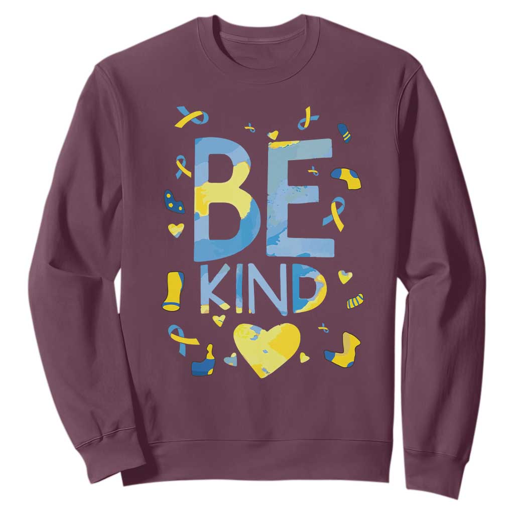World Down Syndrome Day Sweatshirt Support Blue Yellow Ribbon Be Nice Kind