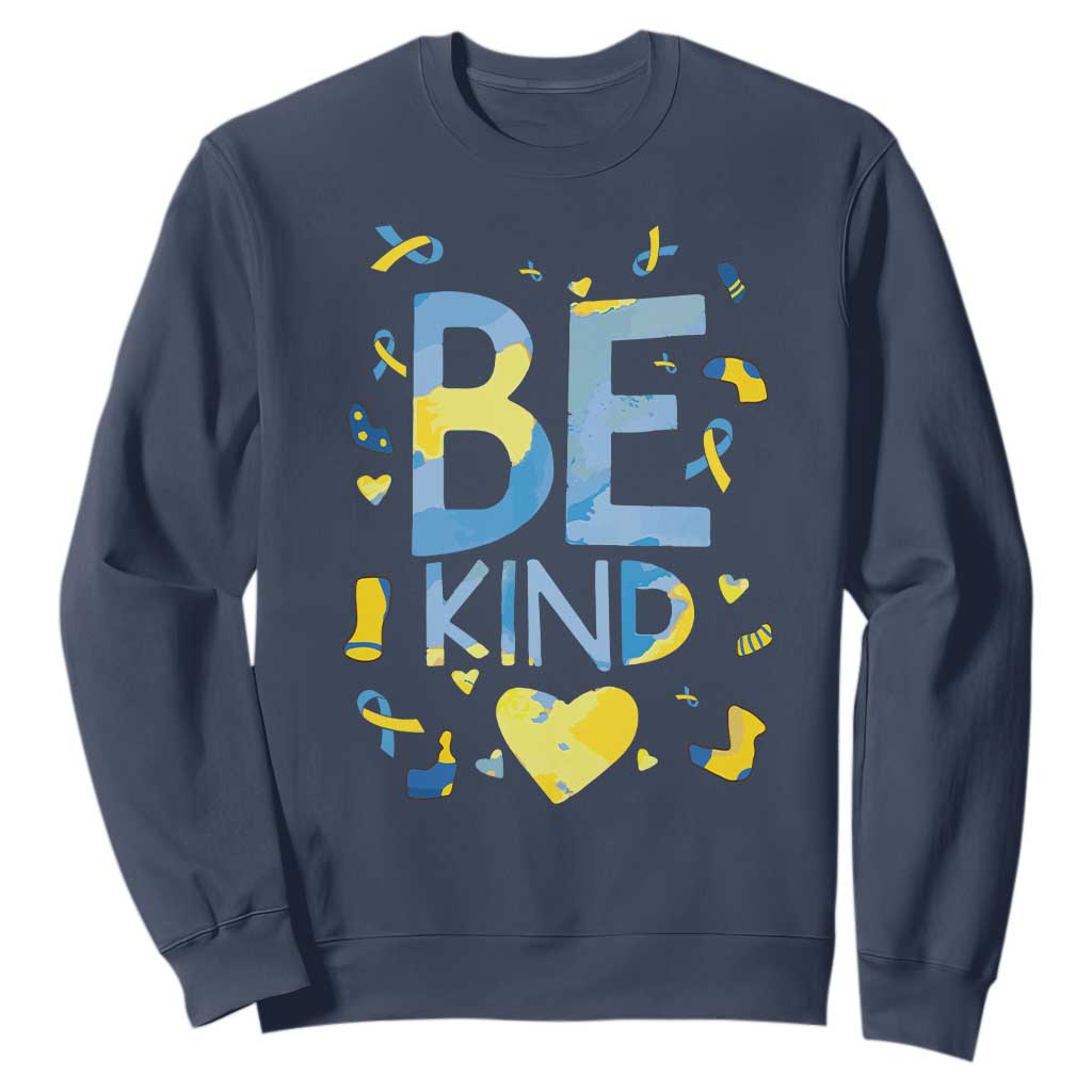 World Down Syndrome Day Sweatshirt Support Blue Yellow Ribbon Be Nice Kind