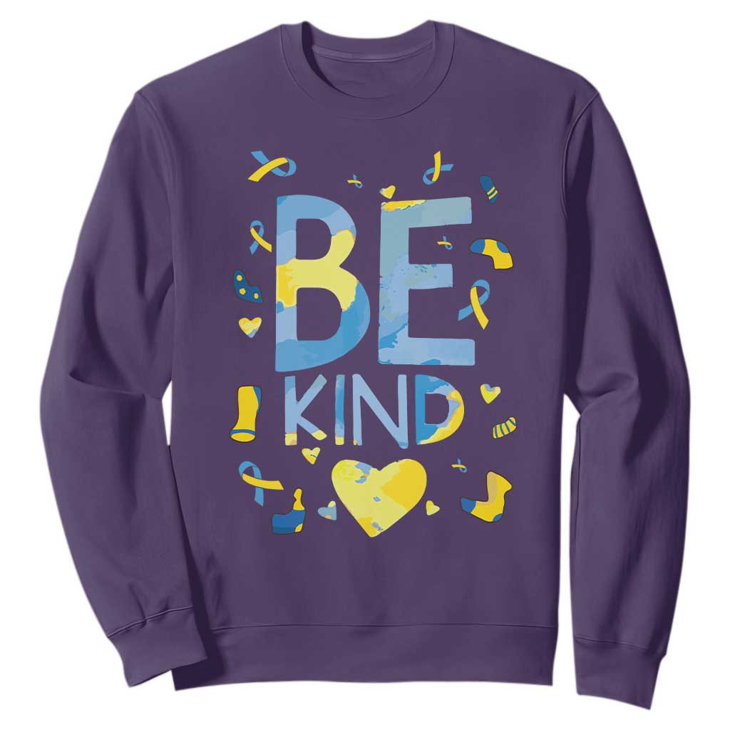 World Down Syndrome Day Sweatshirt Support Blue Yellow Ribbon Be Nice Kind