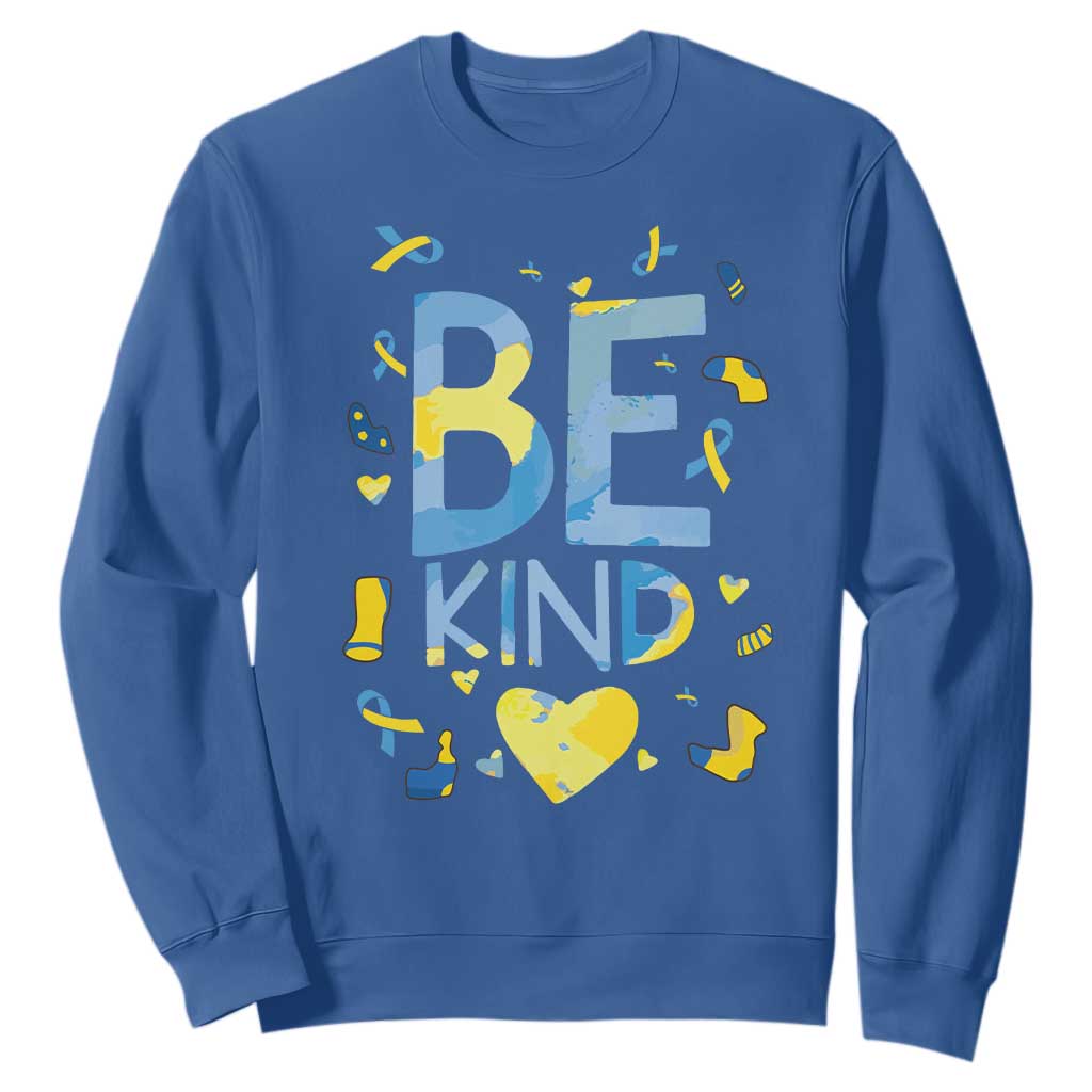 World Down Syndrome Day Sweatshirt Support Blue Yellow Ribbon Be Nice Kind