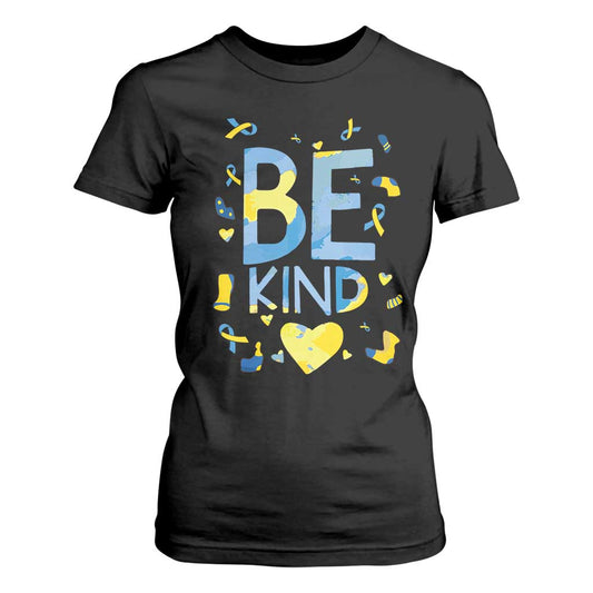 World Down Syndrome Day T Shirt For Women Support Blue Yellow Ribbon Be Nice Kind