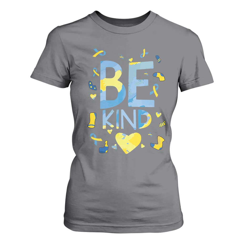 World Down Syndrome Day T Shirt For Women Support Blue Yellow Ribbon Be Nice Kind