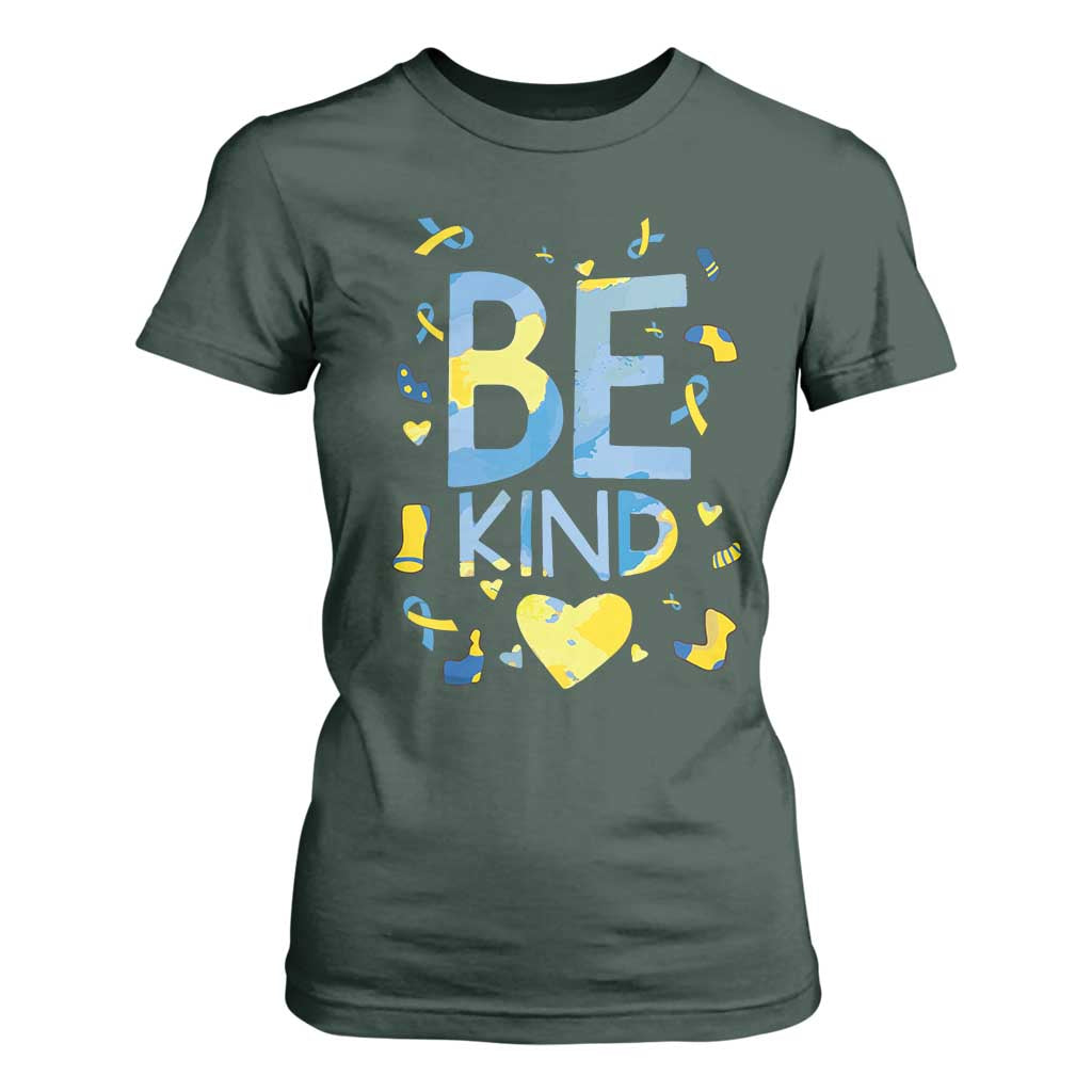 World Down Syndrome Day T Shirt For Women Support Blue Yellow Ribbon Be Nice Kind