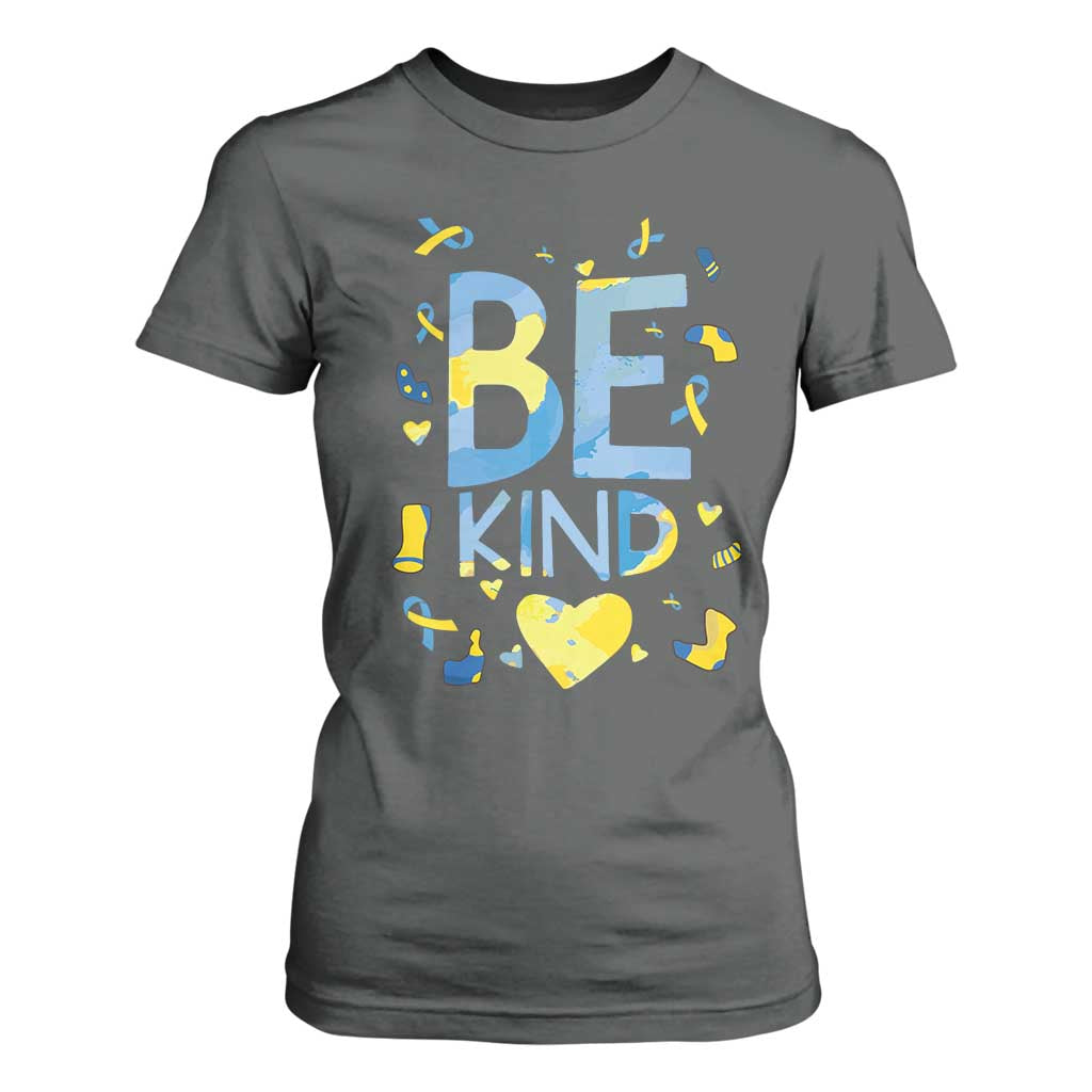 World Down Syndrome Day T Shirt For Women Support Blue Yellow Ribbon Be Nice Kind