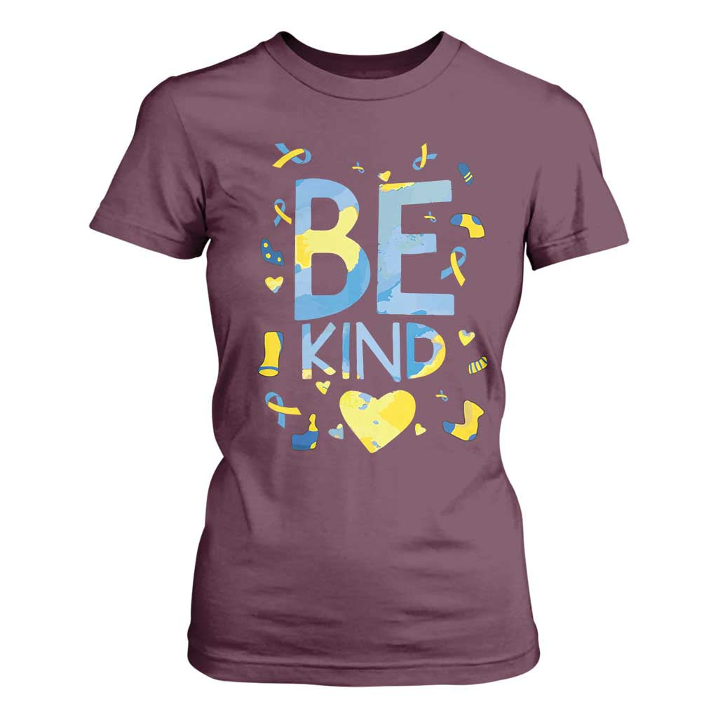 World Down Syndrome Day T Shirt For Women Support Blue Yellow Ribbon Be Nice Kind