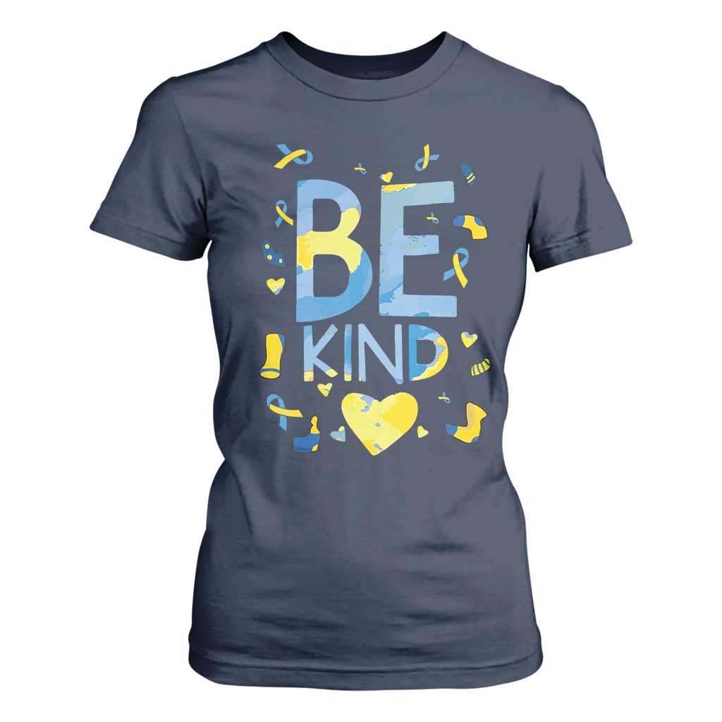 World Down Syndrome Day T Shirt For Women Support Blue Yellow Ribbon Be Nice Kind
