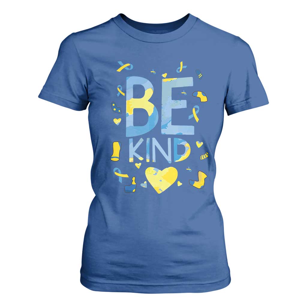 World Down Syndrome Day T Shirt For Women Support Blue Yellow Ribbon Be Nice Kind
