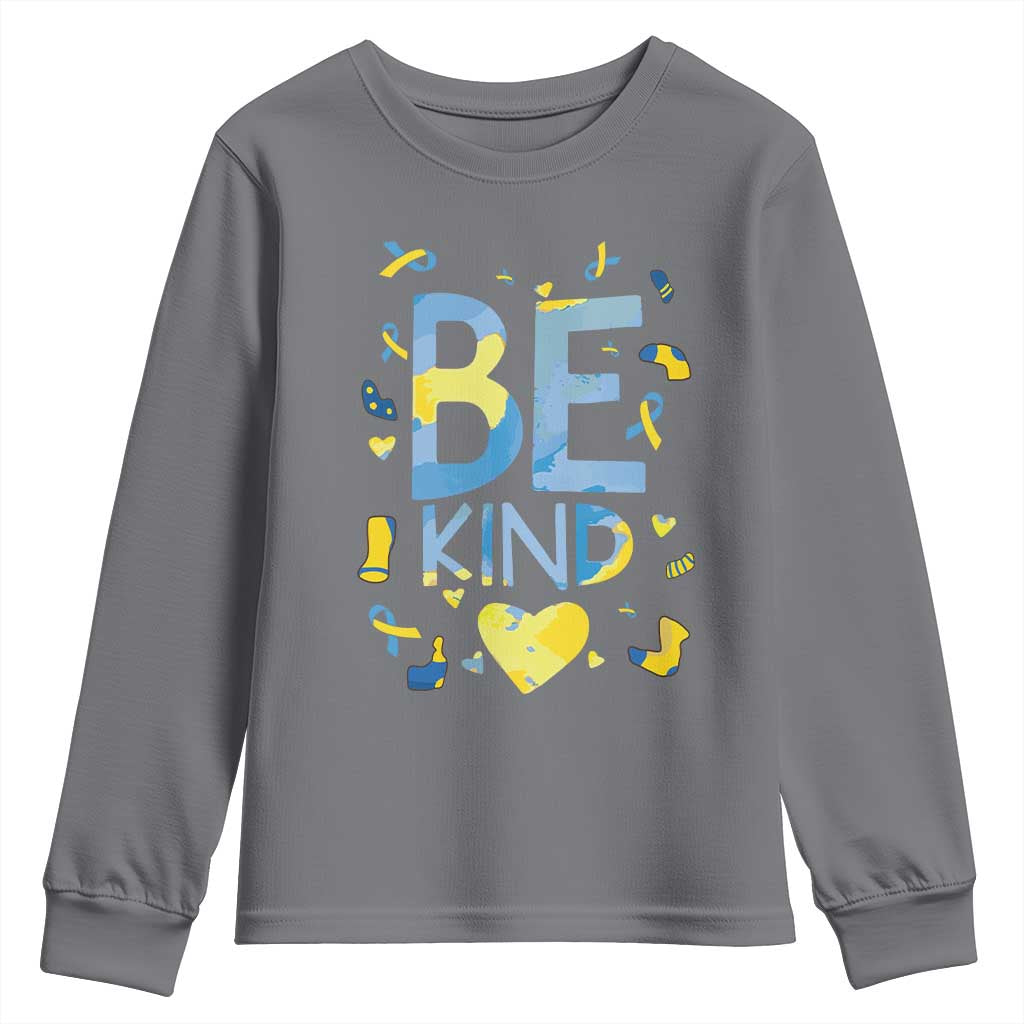 World Down Syndrome Day Youth Sweatshirt Support Blue Yellow Ribbon Be Nice Kind