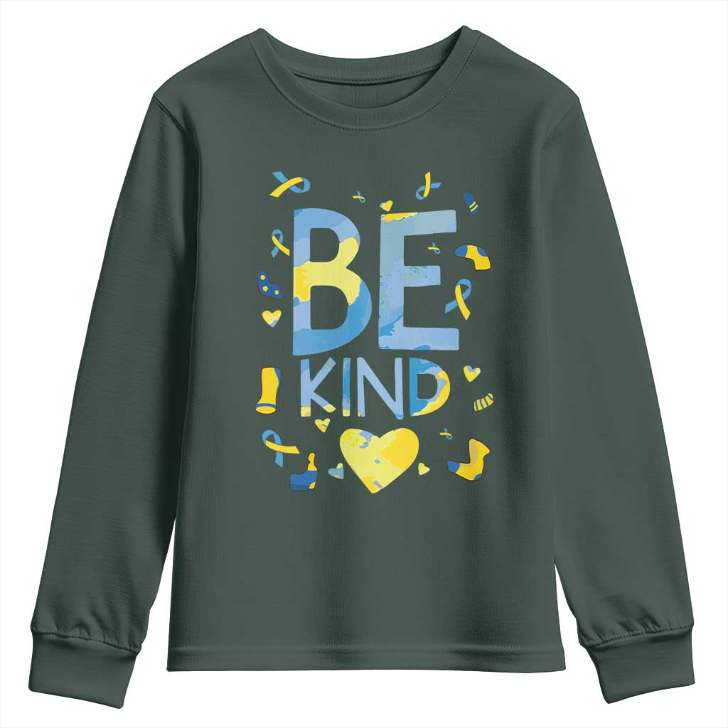 World Down Syndrome Day Youth Sweatshirt Support Blue Yellow Ribbon Be Nice Kind