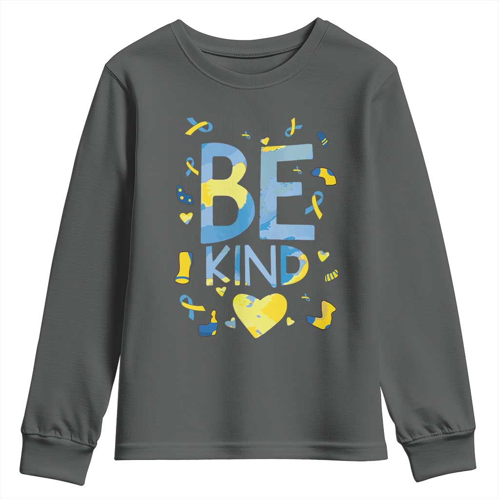 World Down Syndrome Day Youth Sweatshirt Support Blue Yellow Ribbon Be Nice Kind