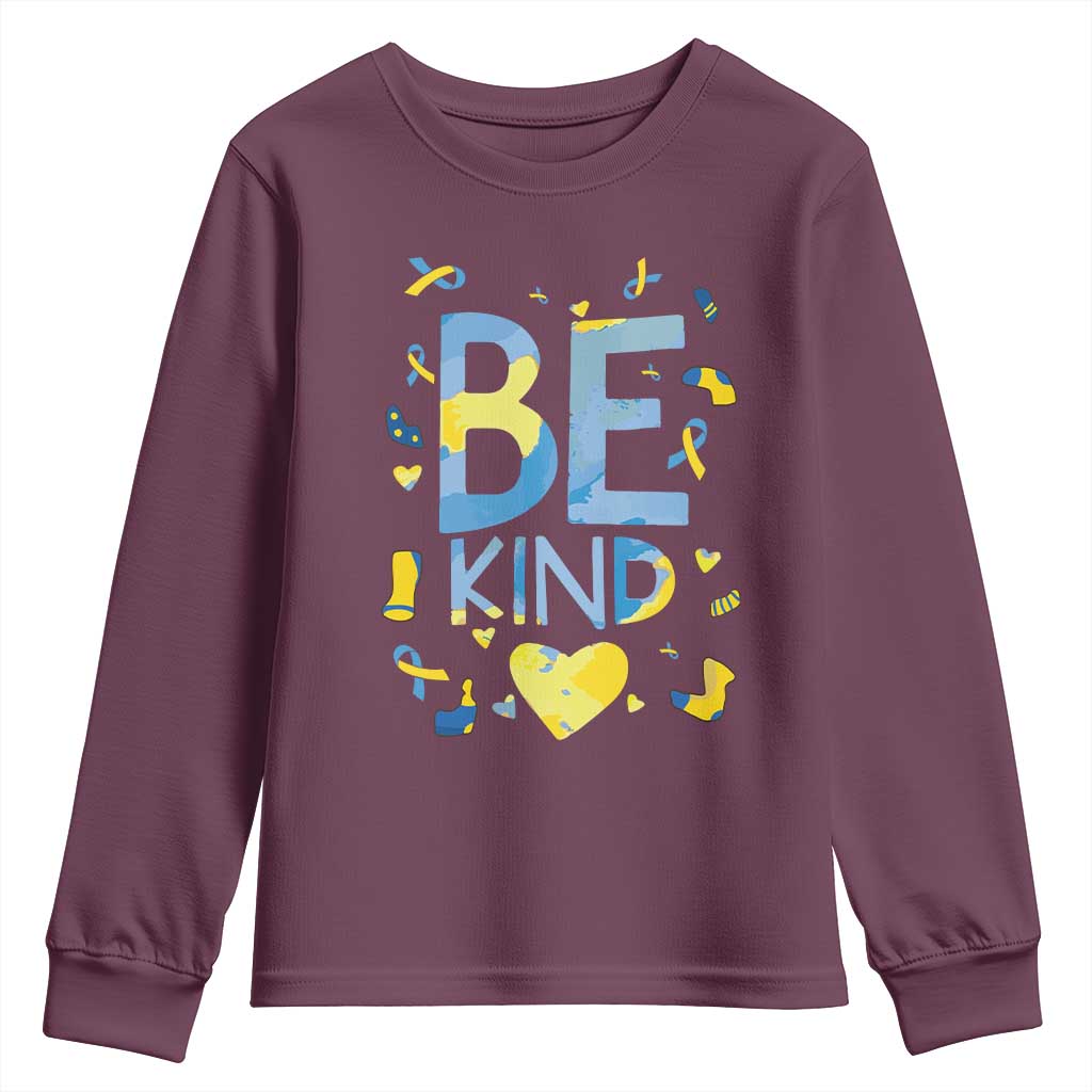 World Down Syndrome Day Youth Sweatshirt Support Blue Yellow Ribbon Be Nice Kind