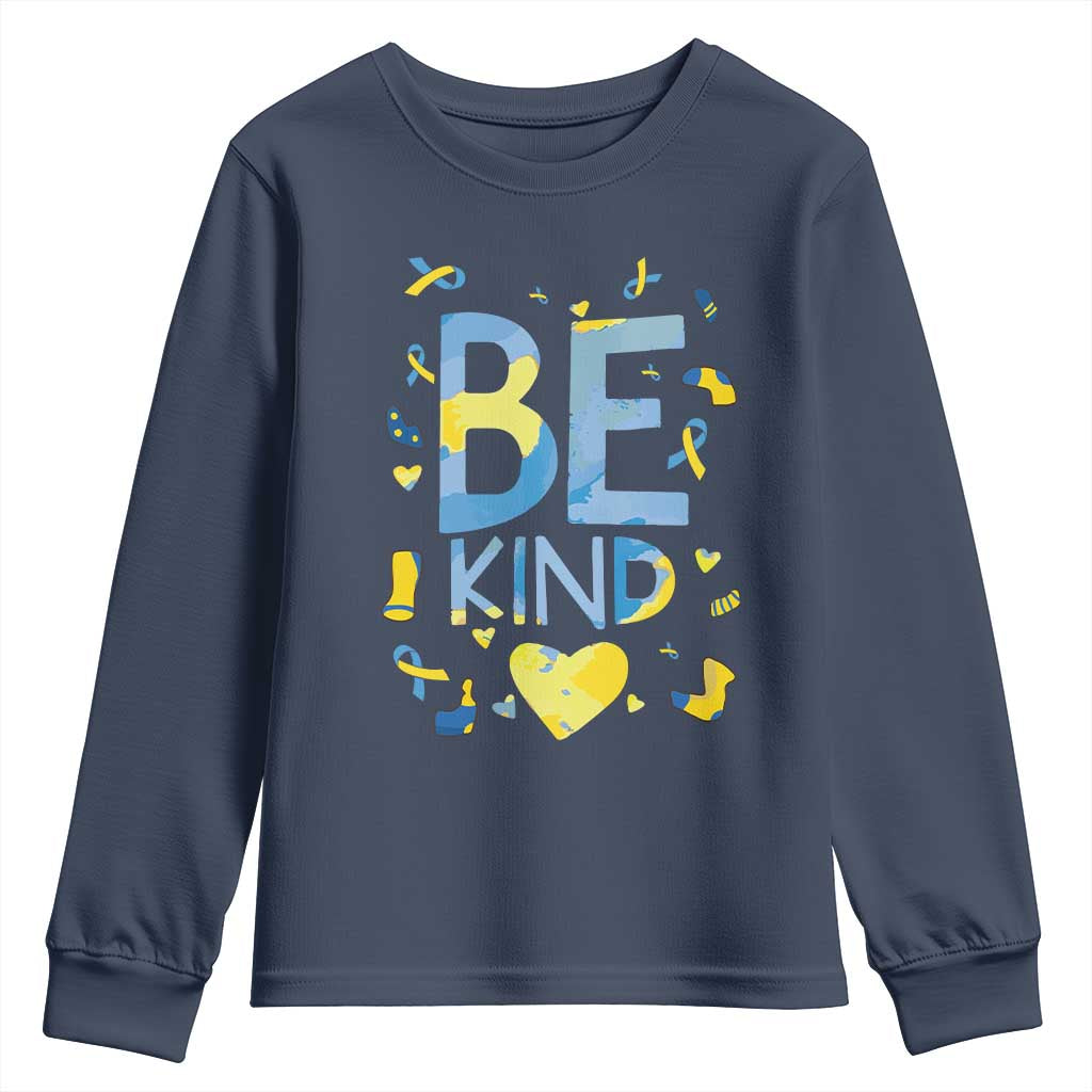 World Down Syndrome Day Youth Sweatshirt Support Blue Yellow Ribbon Be Nice Kind