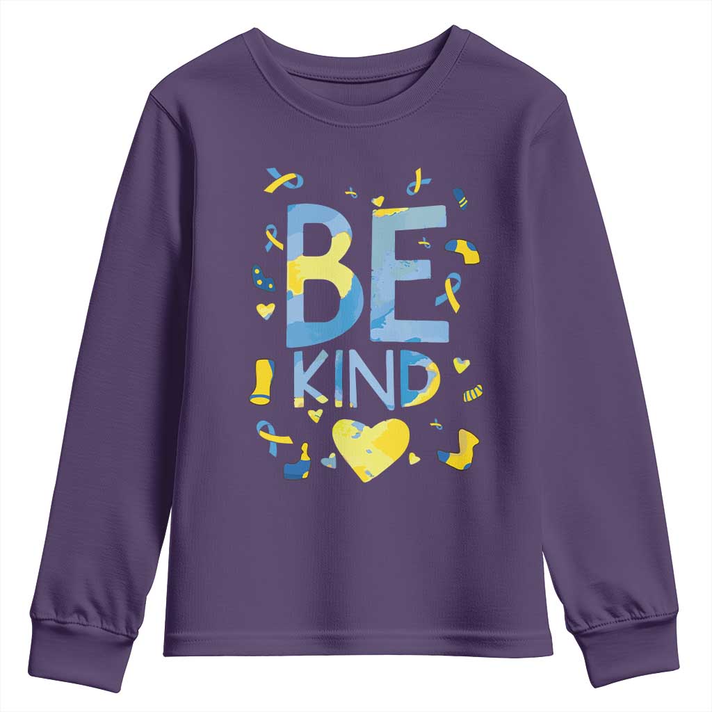 World Down Syndrome Day Youth Sweatshirt Support Blue Yellow Ribbon Be Nice Kind