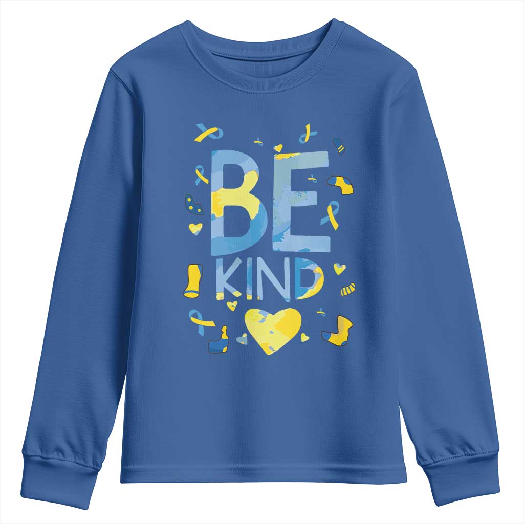 World Down Syndrome Day Youth Sweatshirt Support Blue Yellow Ribbon Be Nice Kind