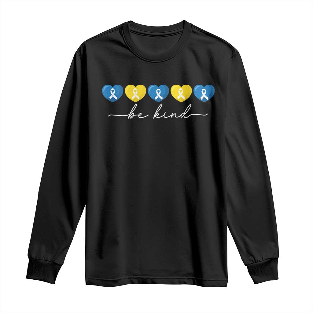 Down Syndrome Support Long Sleeve Shirt Blue Yellow Ribbon Be Kind