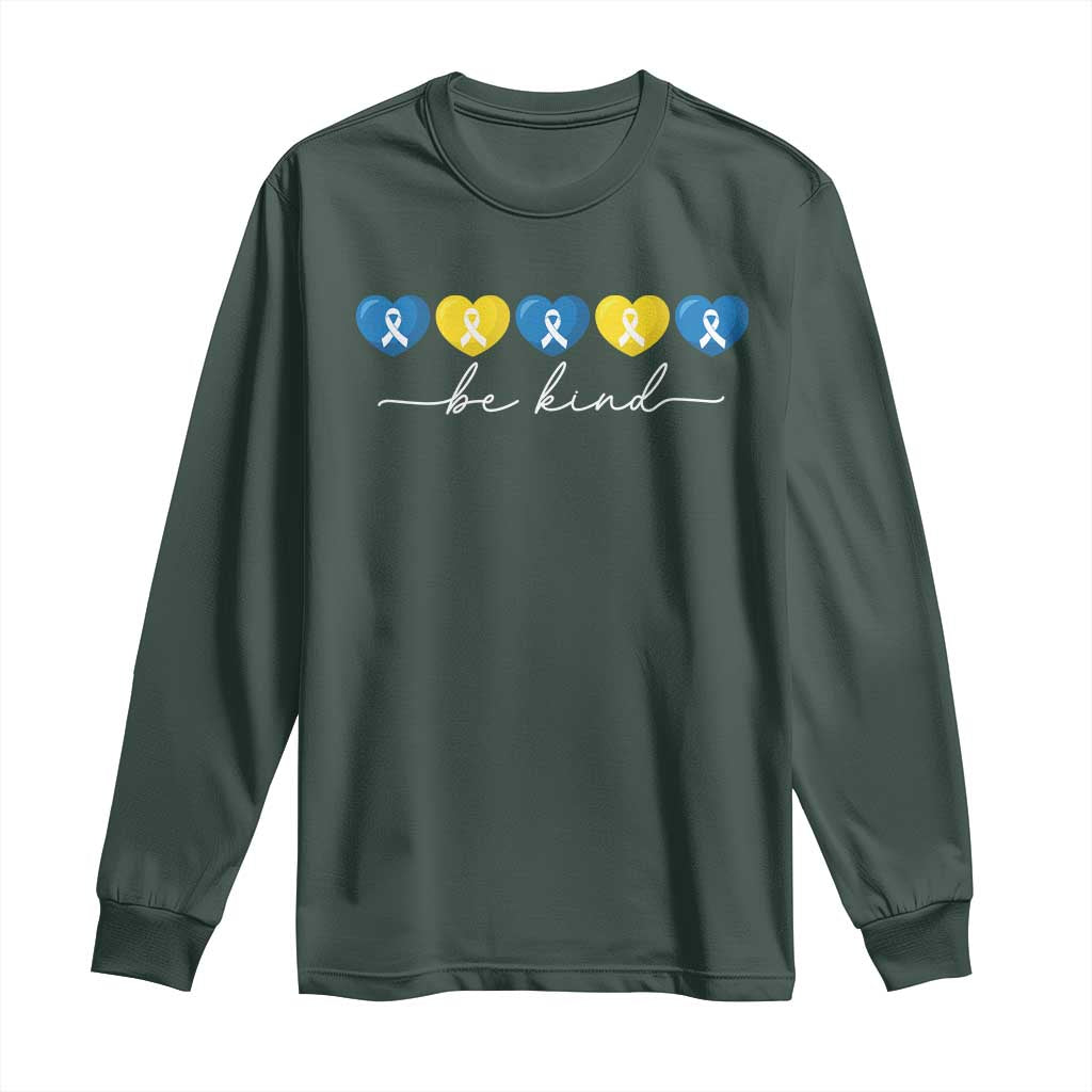 Down Syndrome Support Long Sleeve Shirt Blue Yellow Ribbon Be Kind