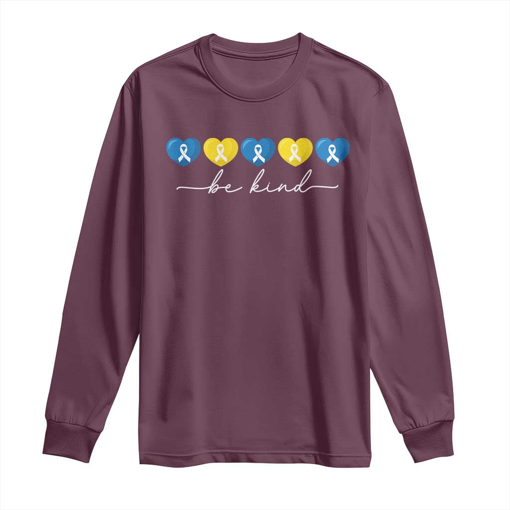 Down Syndrome Support Long Sleeve Shirt Blue Yellow Ribbon Be Kind