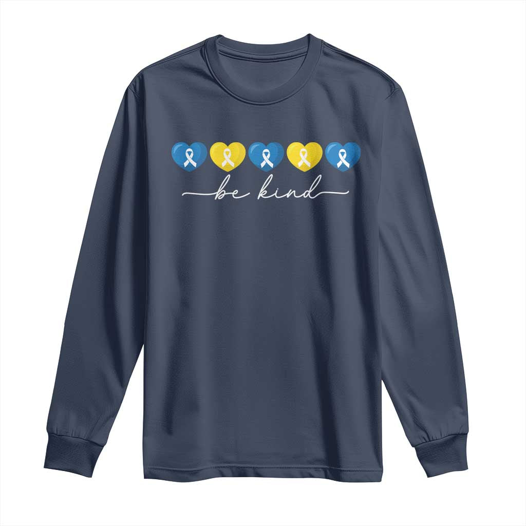 Down Syndrome Support Long Sleeve Shirt Blue Yellow Ribbon Be Kind