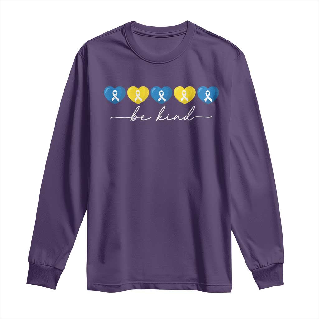 Down Syndrome Support Long Sleeve Shirt Blue Yellow Ribbon Be Kind