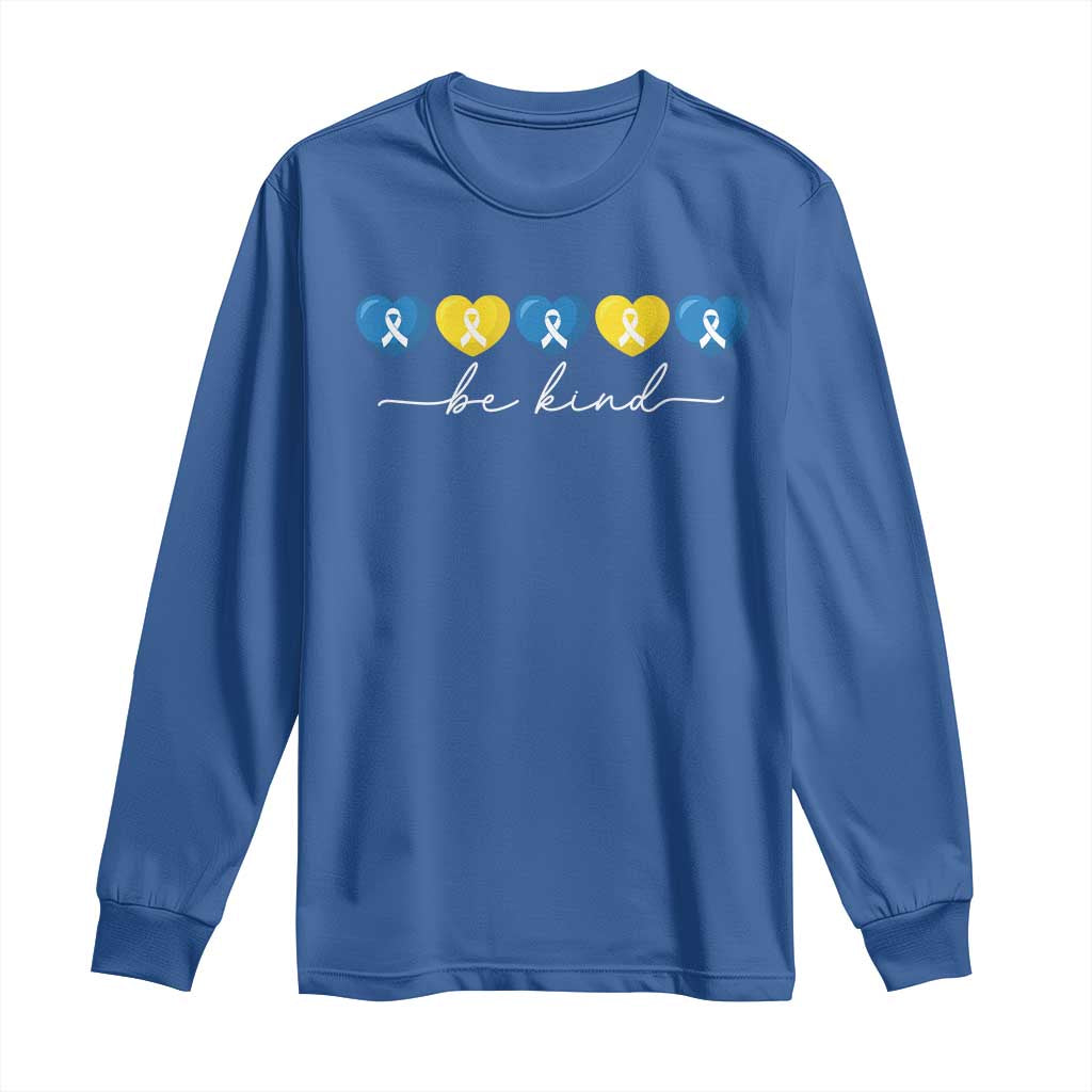Down Syndrome Support Long Sleeve Shirt Blue Yellow Ribbon Be Kind