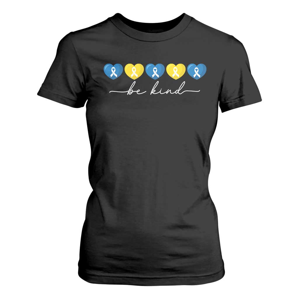 Down Syndrome Support T Shirt For Women Blue Yellow Ribbon Be Kind
