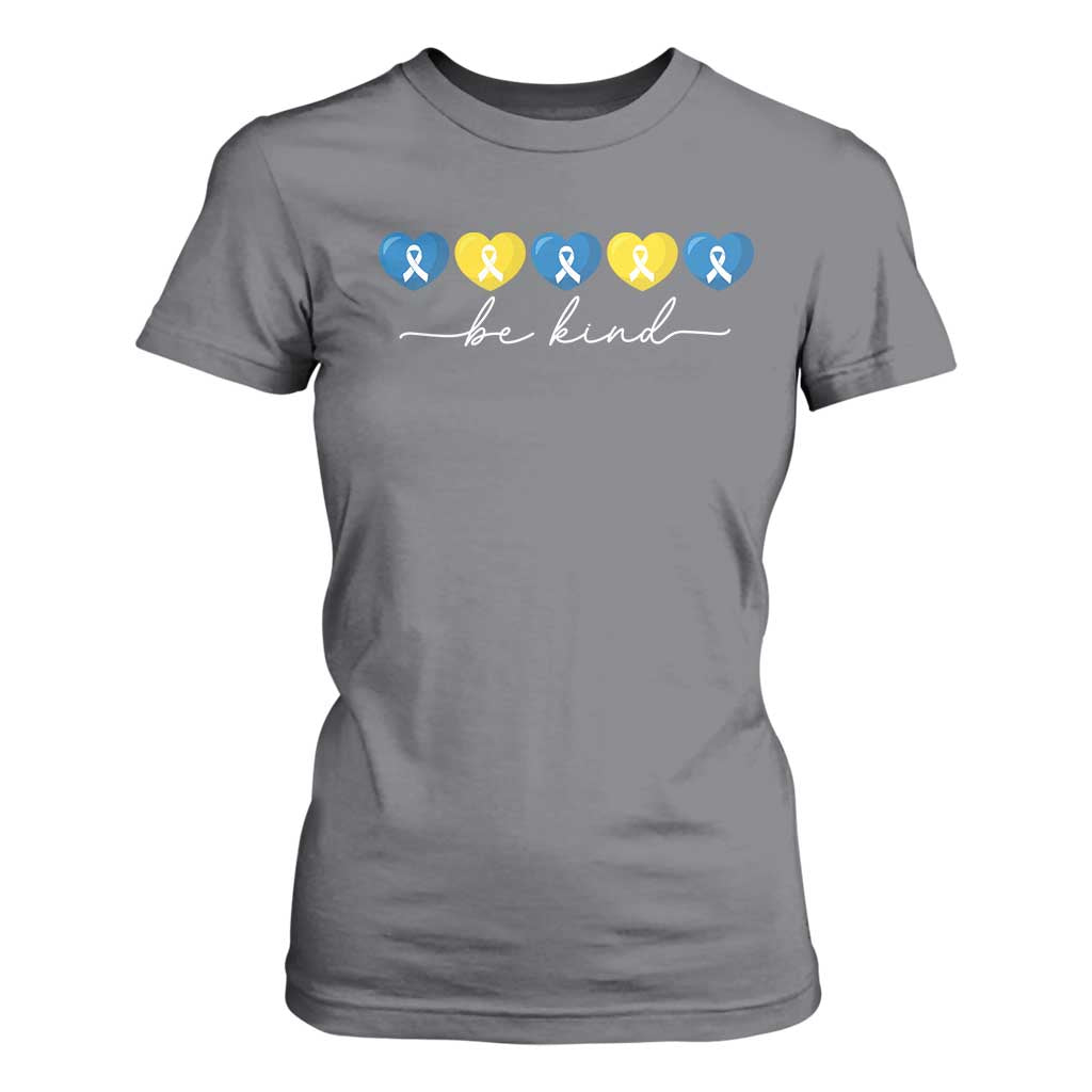 Down Syndrome Support T Shirt For Women Blue Yellow Ribbon Be Kind