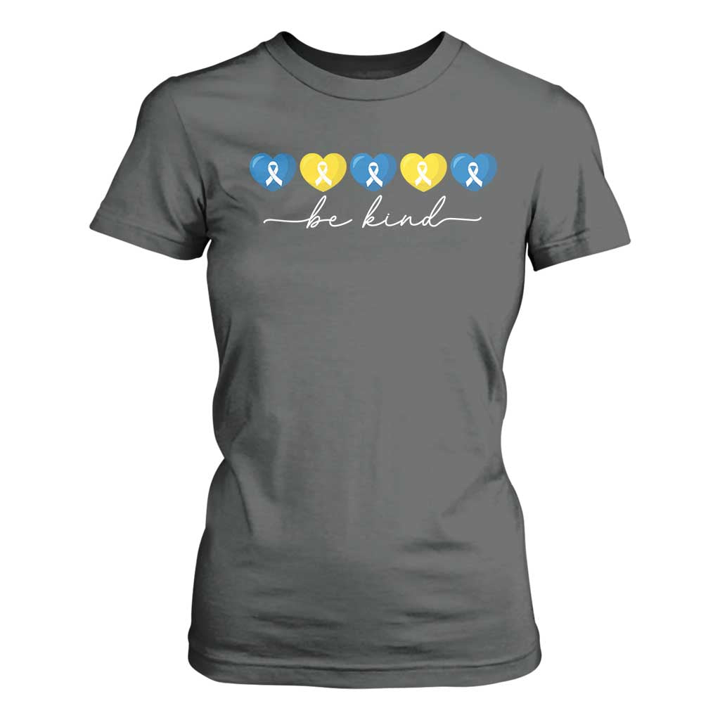 Down Syndrome Support T Shirt For Women Blue Yellow Ribbon Be Kind