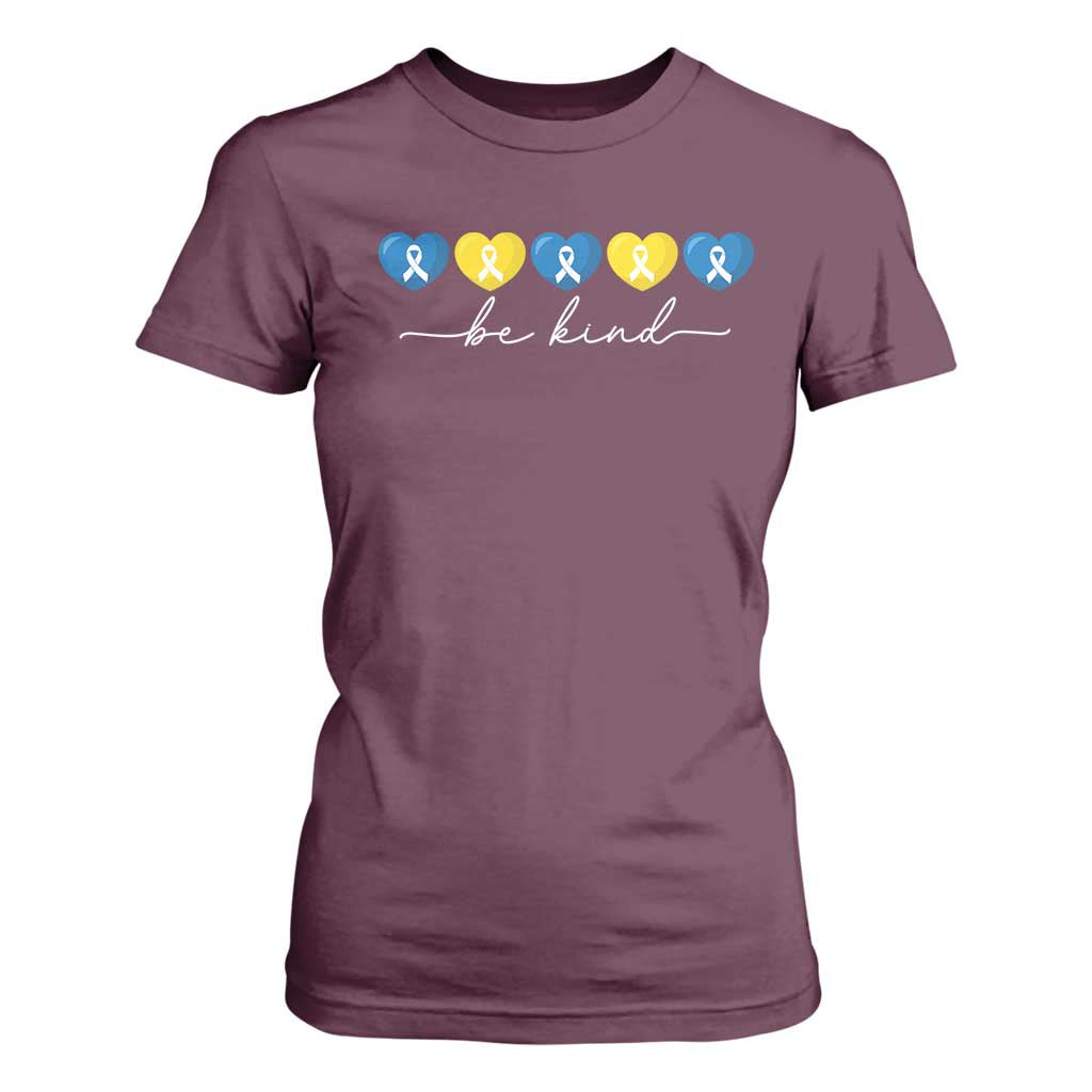 Down Syndrome Support T Shirt For Women Blue Yellow Ribbon Be Kind