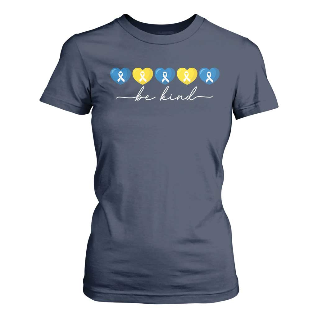 Down Syndrome Support T Shirt For Women Blue Yellow Ribbon Be Kind